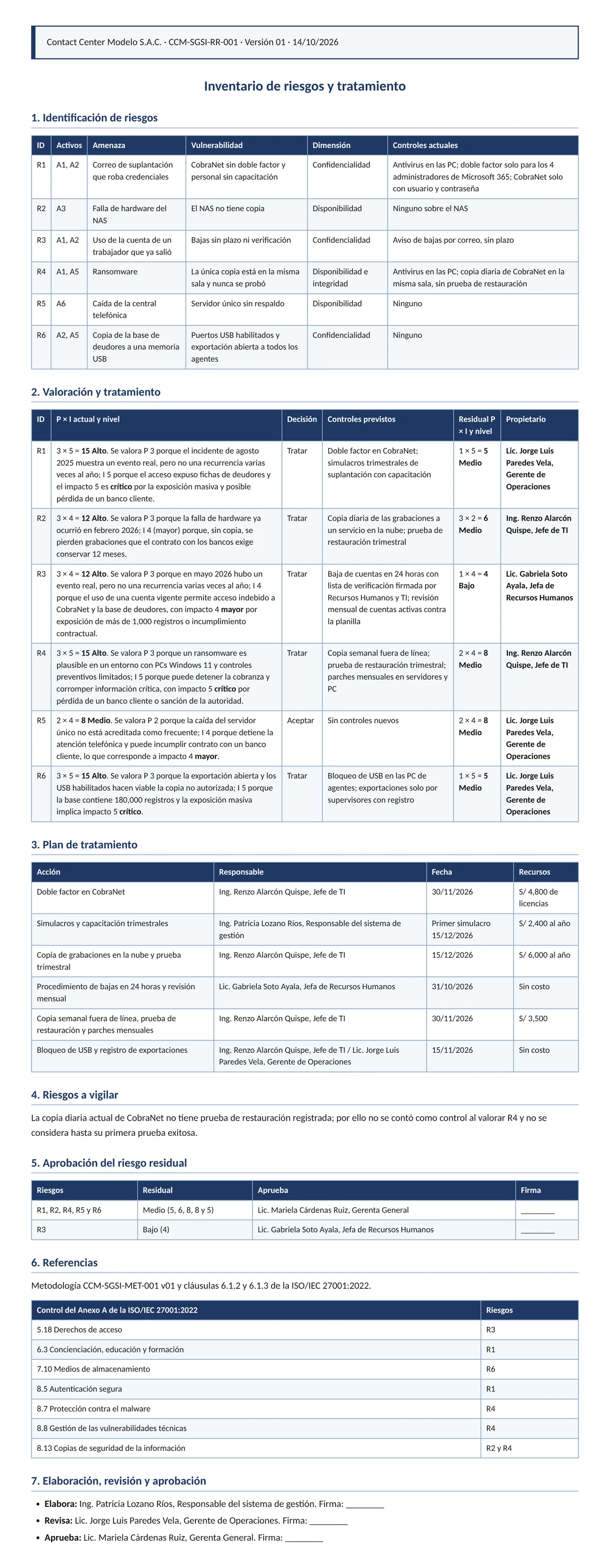 Documento entregado por la IA: Evaluación y tratamiento del riesgo