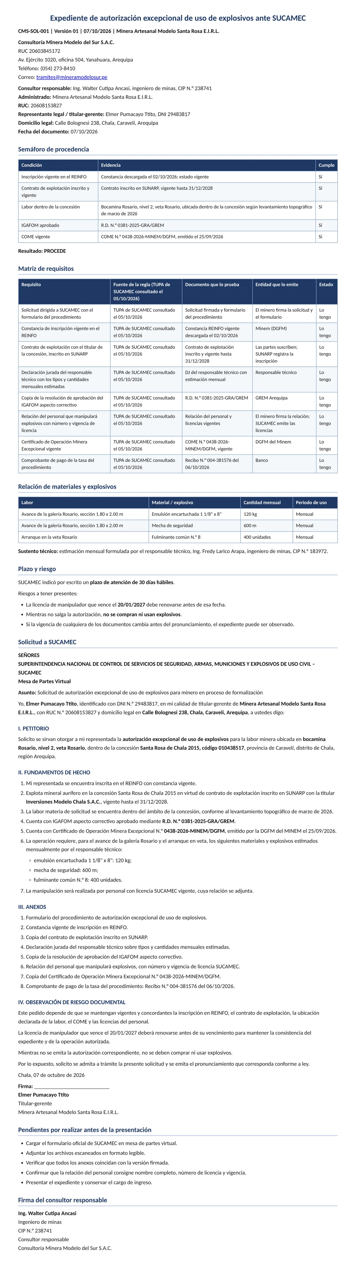 Documento entregado por la IA: Autorización de explosivos ante SUCAMEC