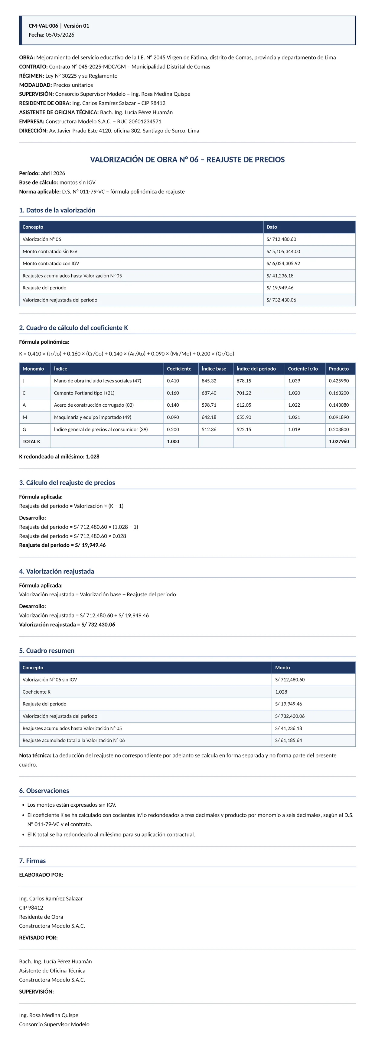 Documento entregado por la IA: Reajuste por fórmula polinómica